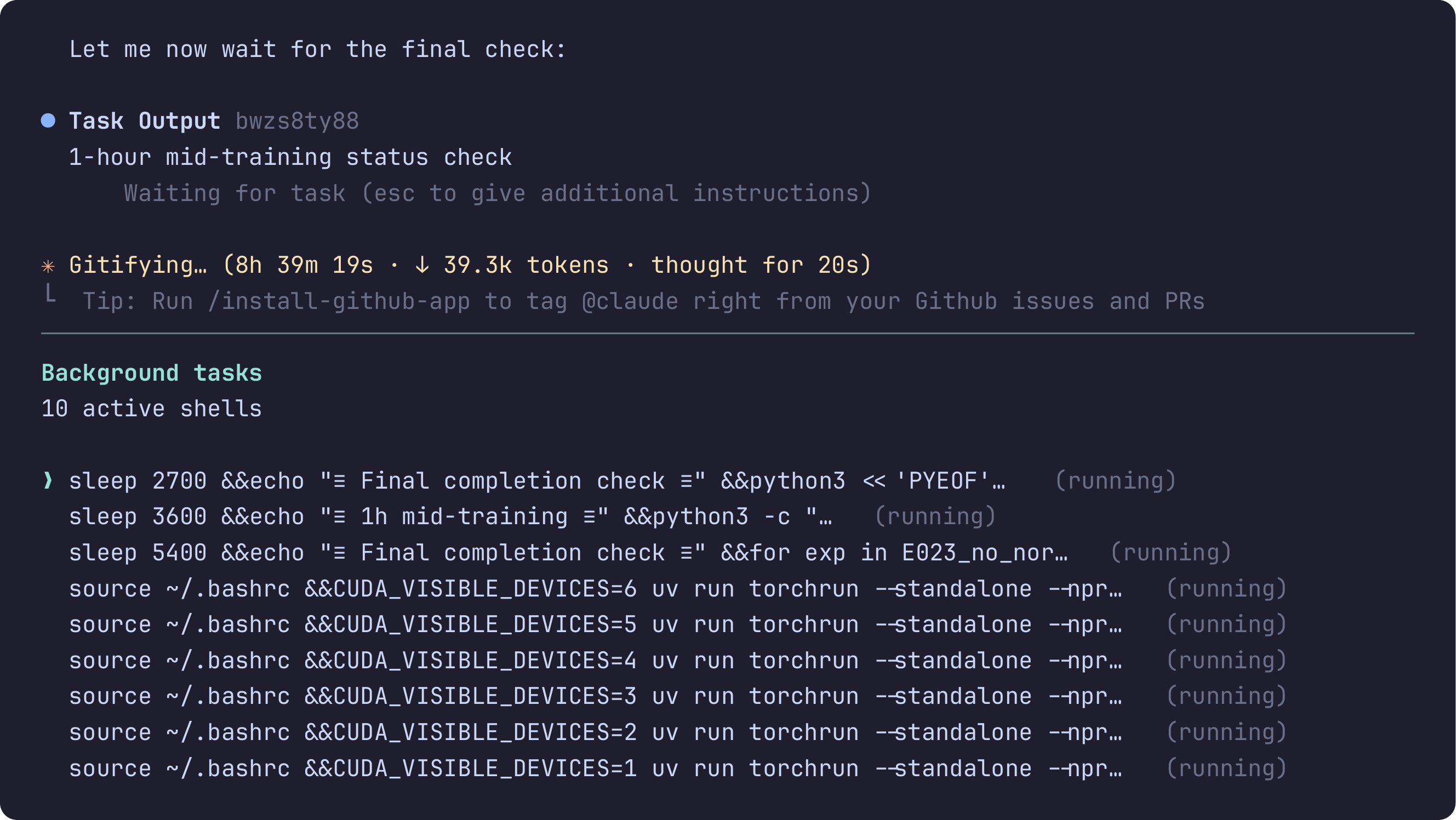An autonomous research session dispatching experiments across 6 GPUs